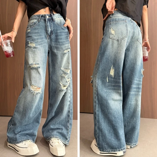 Aila｜夏季广场舞新款宽松显瘦水洗破洞直筒走心牛仔裤阔腿裤高腰