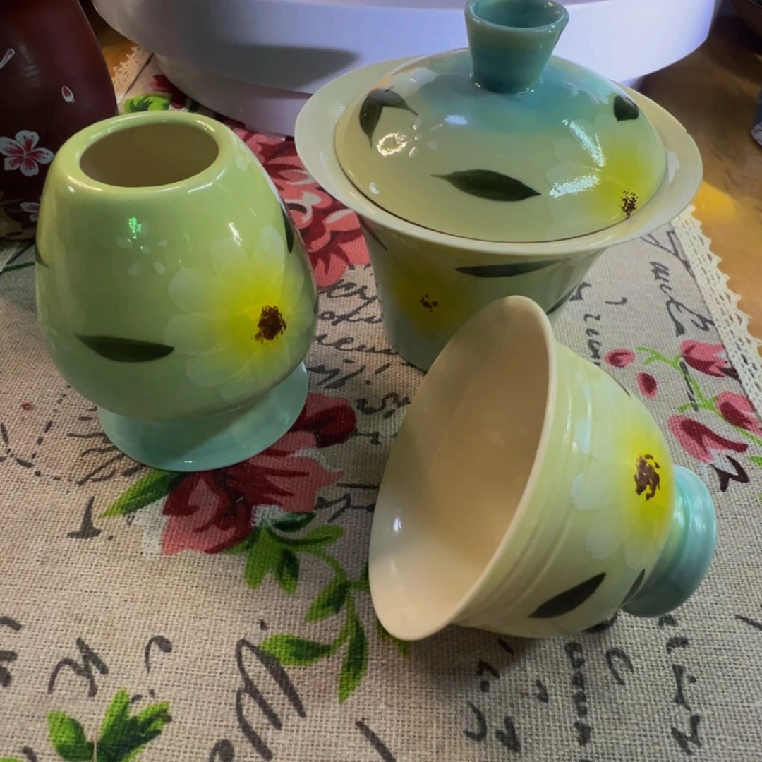 小清新渐变色冰菊盖碗套组一碗一杯➕盖置