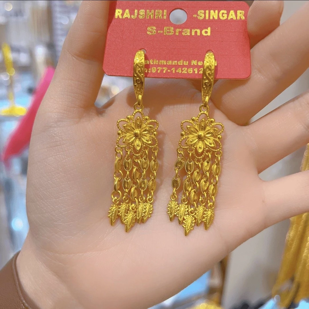 铜合金耳饰 DANA金色长款木槿花耳环