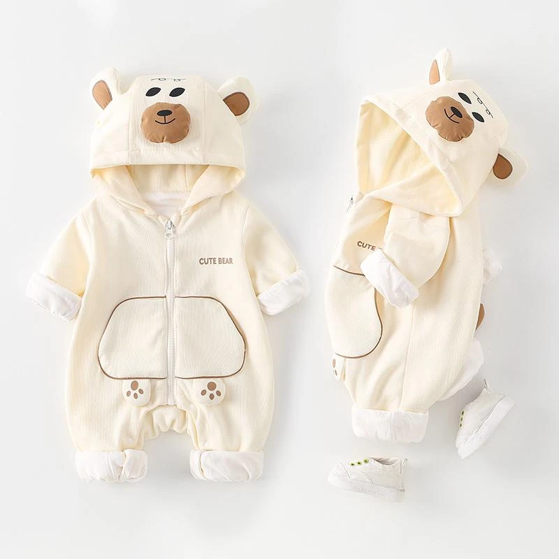 新生婴儿衣服秋装连帽外出服男女宝宝小熊连体衣春秋款网红可爱萌