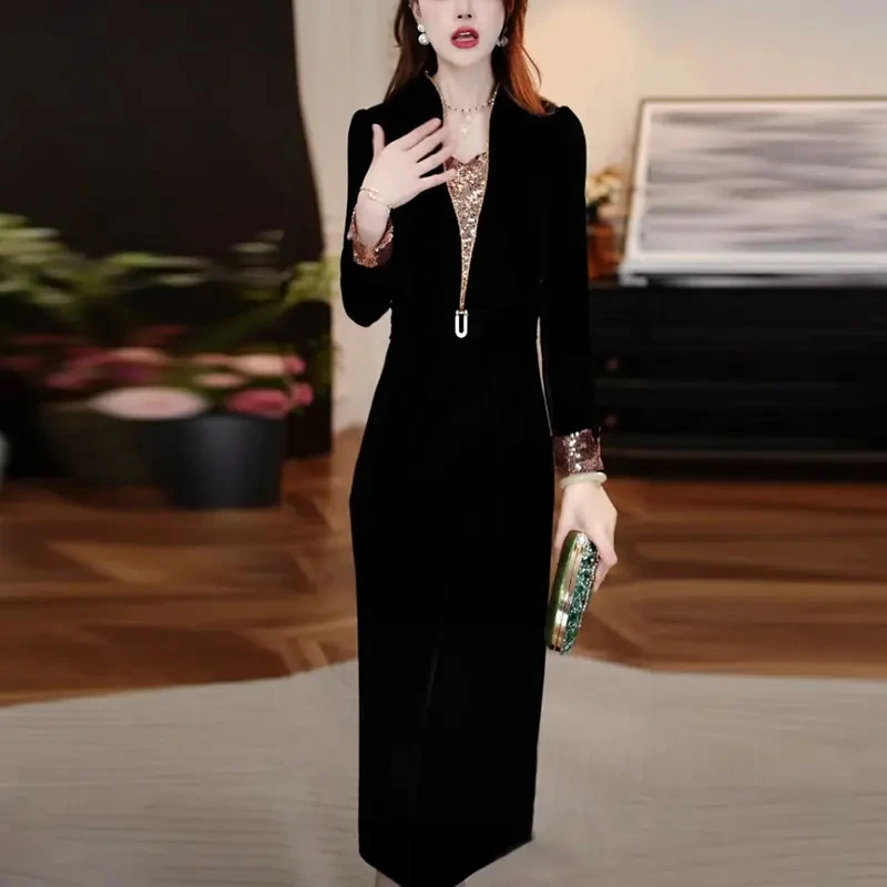 卡丹绒女神范轻奢女装2025秋季新款长袖黑色显瘦气质名媛连衣裙子