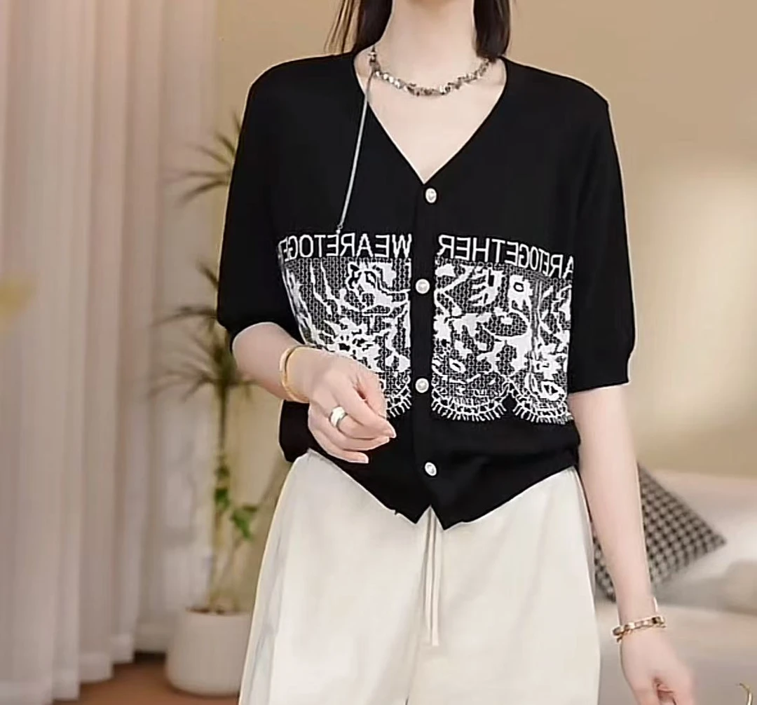 #069【涵宇】2025夏季新款女装时尚V领蕾丝提花针织开衫