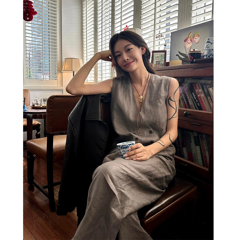 休闲风极简风棉麻时尚套装显瘦宽松无袖夏季连体裤背心阔腿休闲裤