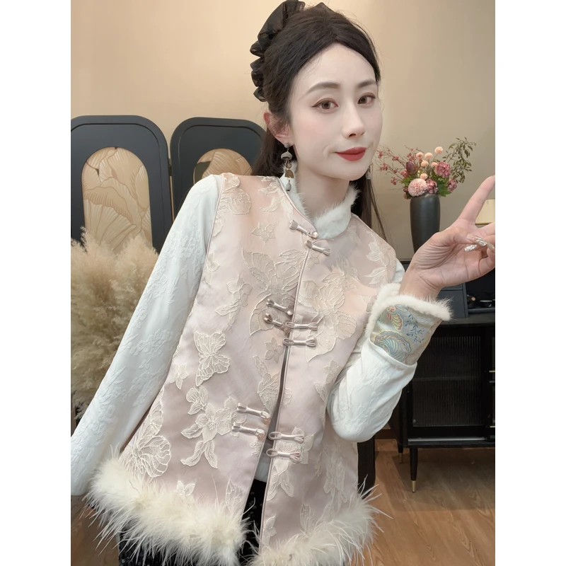 【颜烟】夹棉织锦立体刺绣新中式马甲女时尚毛毛拼接圆领款