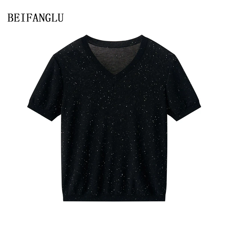 北方鹿【100水溶羊毛珠片纱】早秋气质V领百搭显瘦薄针织短袖251143