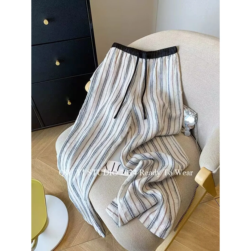 拉夏贝尔慵懒风抽绳松紧腰阔腿裤子女2025夏季新款直筒裤休闲裤子