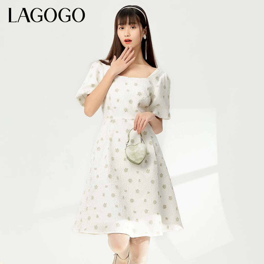 Lagogo新款甜美方领泡泡袖碎花裙女MALL373C42