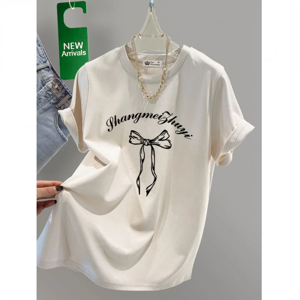 奶杏色蝴蝶结潮牌短袖t恤女2025新款夏季纯棉中长款大版宽松上衣