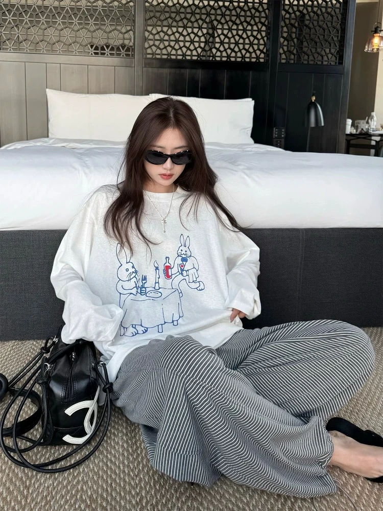 美式复古兔子餐厅印花宽松防晒长袖罩衫夏薄款微透舒适辣妹T恤女