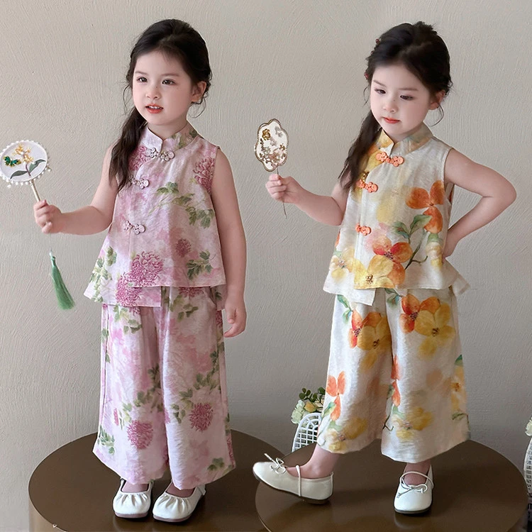 女童新中式碎花无袖套装夏季公主风国风童装儿童洋气时尚复古薄款