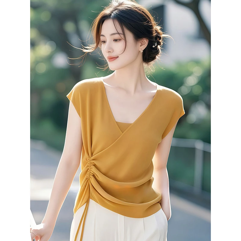 显瘦短袖T恤女2025新夏季爆款设计感超好看独特漂亮抽绳针织上衣