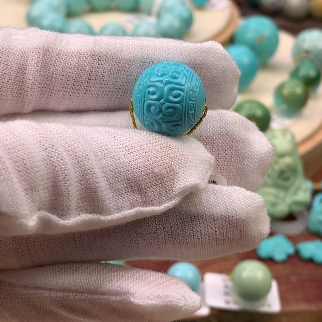 绿松石未镶嵌珠宝奇石高瓷蓝回纹圆珠14.7mm