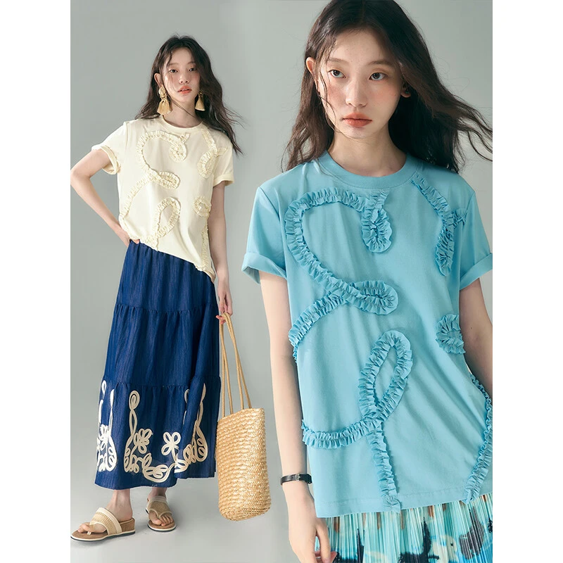 uare原创设计 潮汐花语 手工褶皱立体花朵宽松圆领短T恤T85N12206