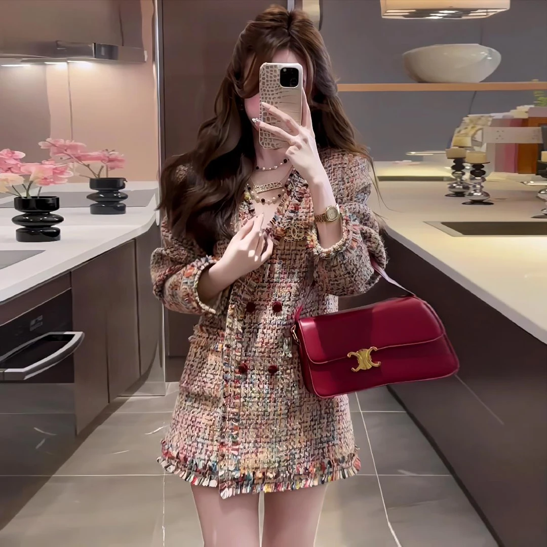 小香风粗花呢流苏彩色外套女冬季新款高级感时尚洋气减龄百搭上衣