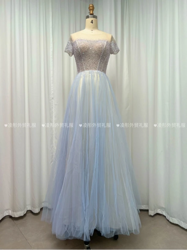 新款高端奢华重工钉珠亮片晚礼服一字肩主持人宴会年会演出服