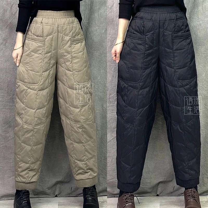 保暖清仓外贸出口外单日单复古轻薄加厚菱格羽绒棉裤女休闲哈伦裤