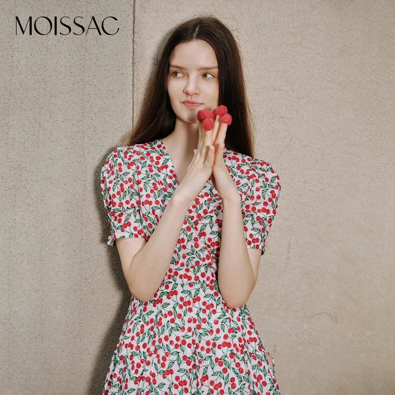 商场同款 摩萨克秋装V领短袖高腰樱桃印花连衣裙女