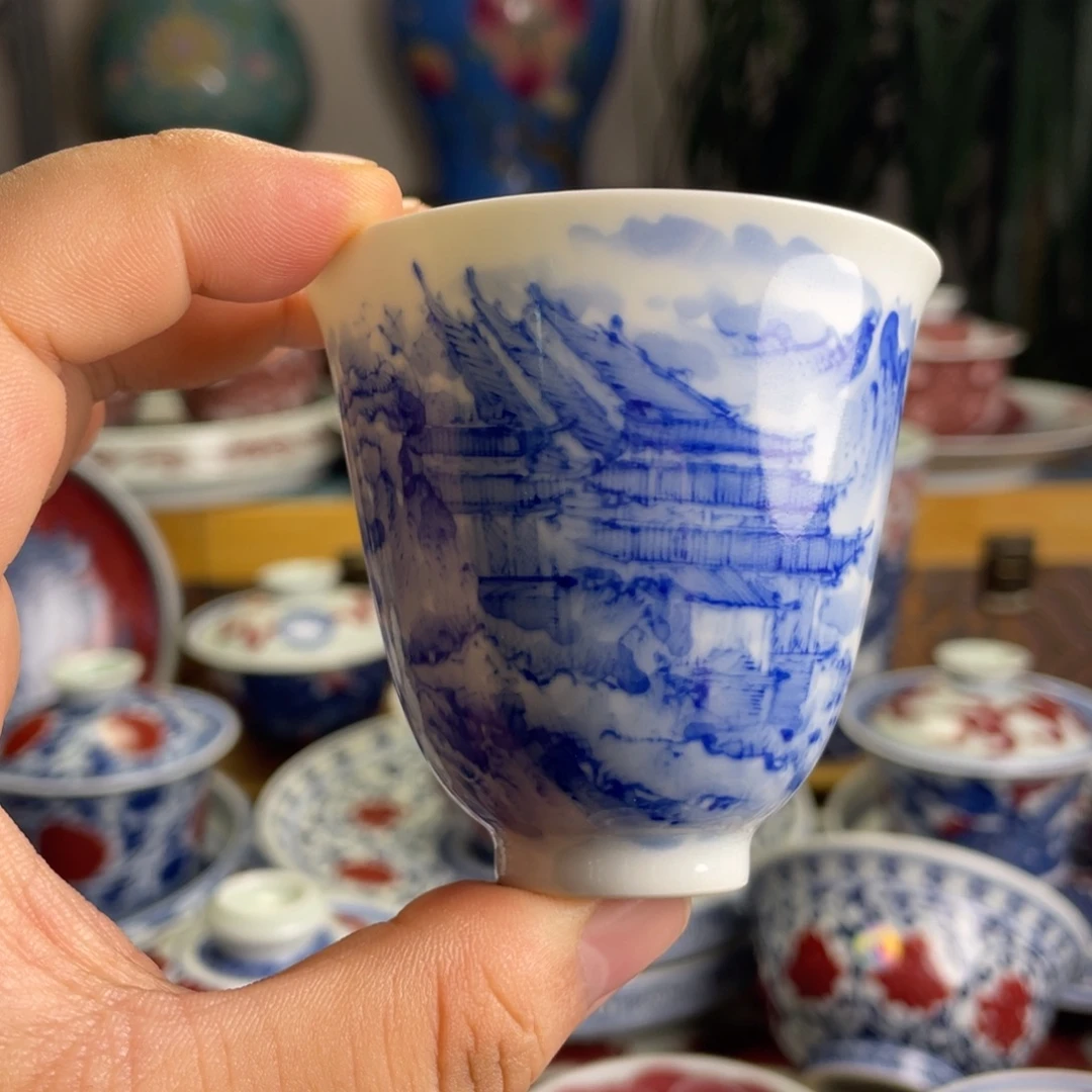 青花山水亭台楼阁闻香杯