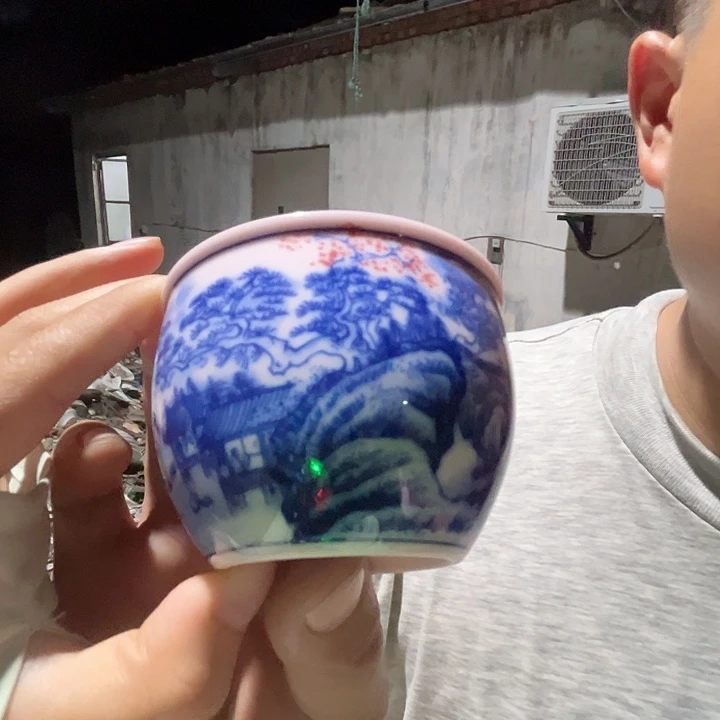 景德镇陶瓷红嘻嘻山水缸杯一只