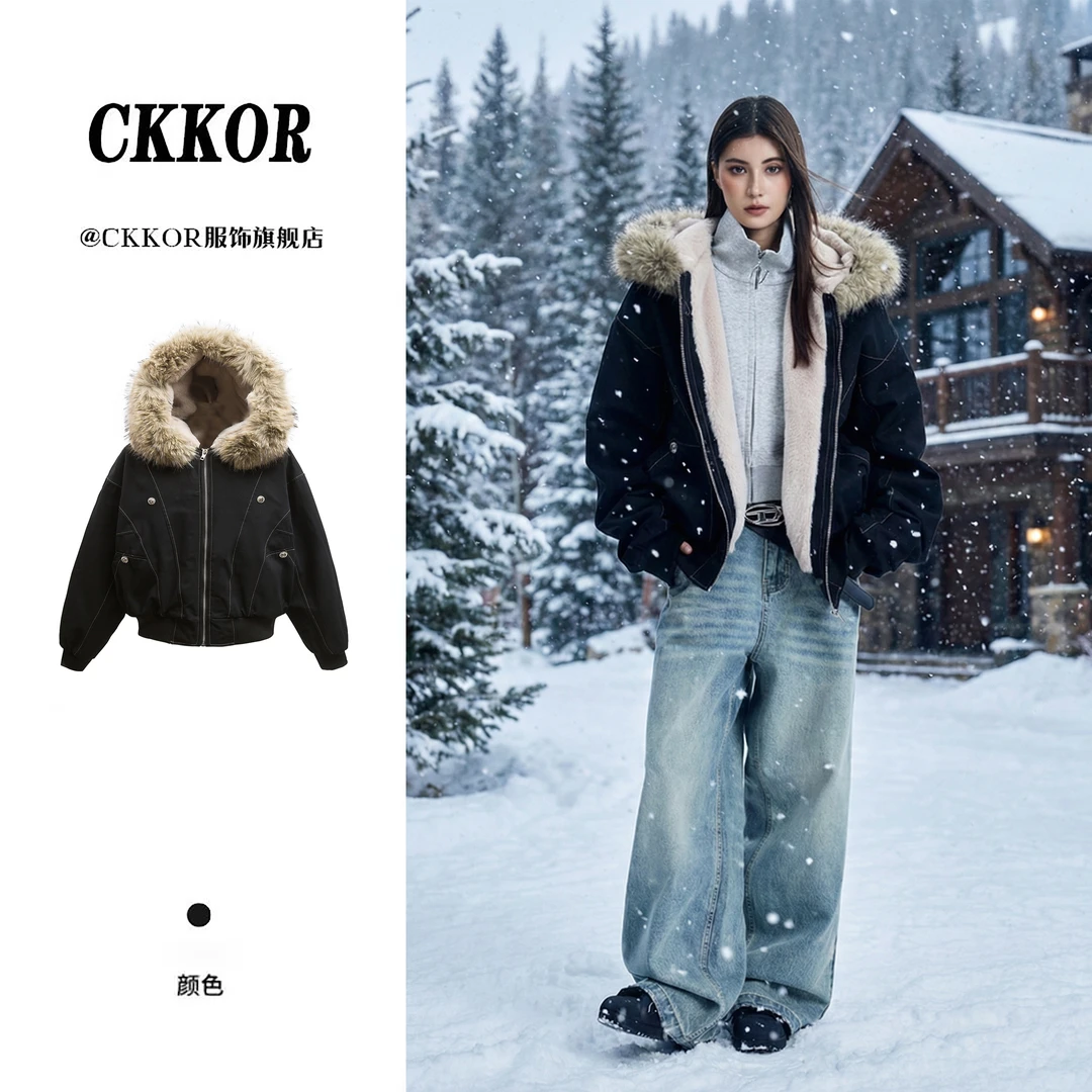 CKKOR冬季新款加厚保暖工装连帽卫衣女美式复古设计感座山雕棉服