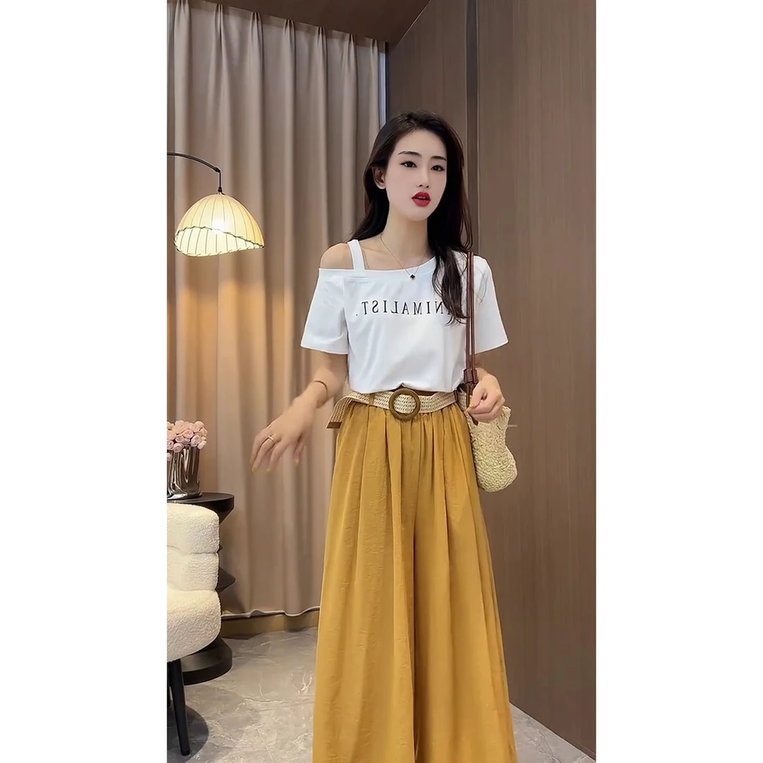 露肩字母短袖T恤显瘦气质洋气时尚休闲夏季减龄简约宽松纯色