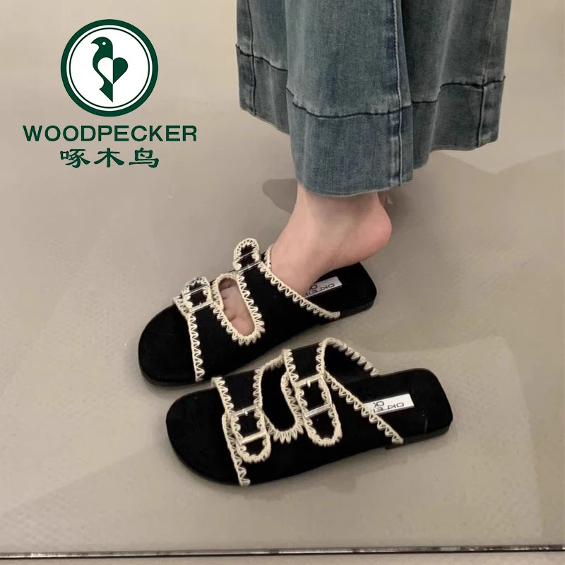 啄木鸟厚底蕾丝勃肯凉拖女2025新款夏季外穿防滑圆头一字拖沙滩鞋