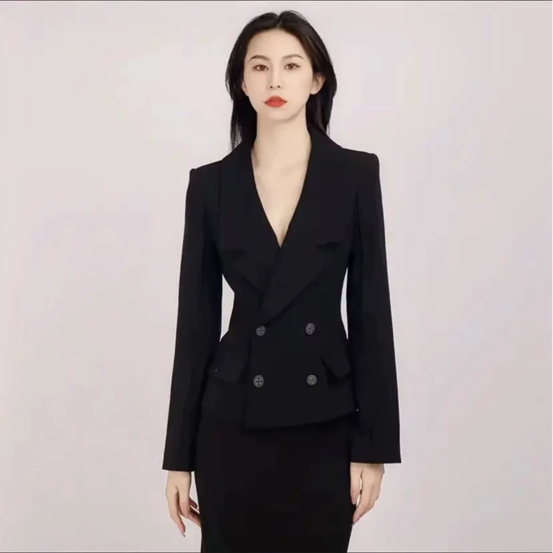 新款时尚修身百搭双排扣设计感纯色小西装外套5400615