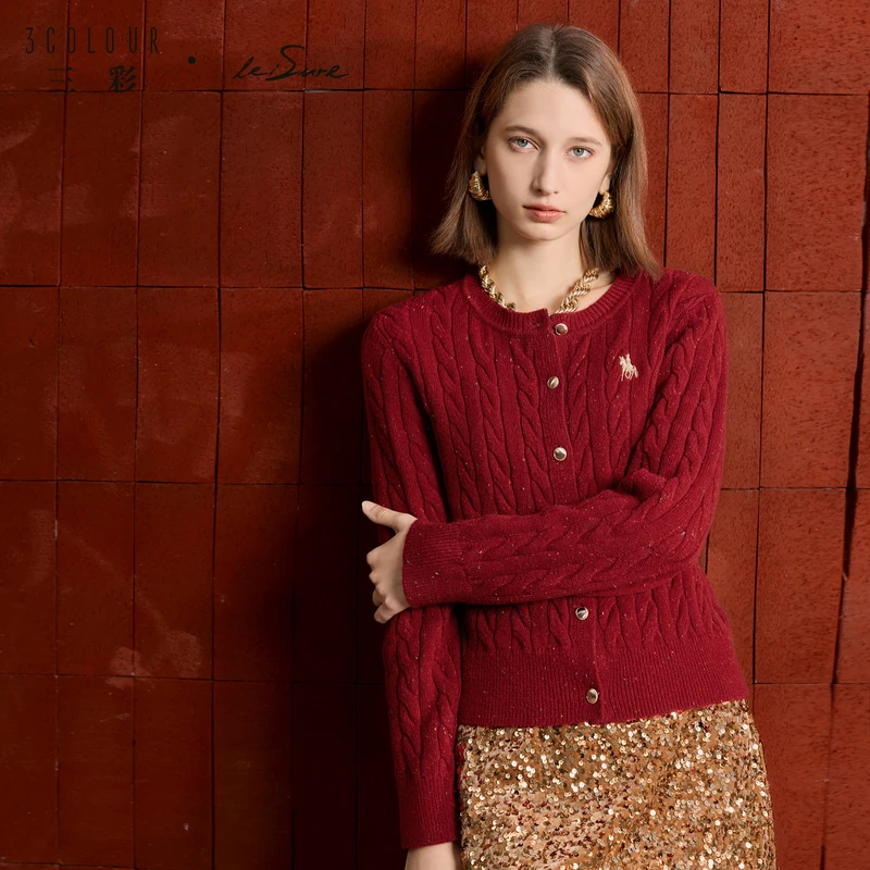 三彩丽雪leisure2025冬季新款绞花刺绣针织衫长袖圆领开衫外套女