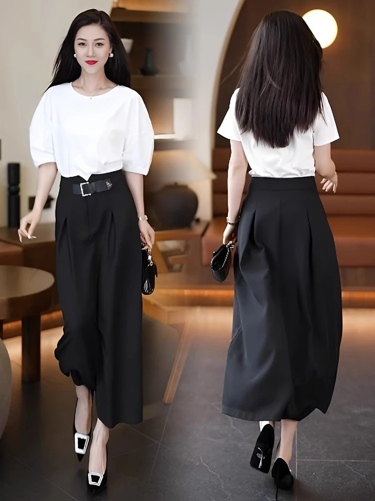 名媛风爆款套装新款时尚宽松纯色套头T恤半身裙