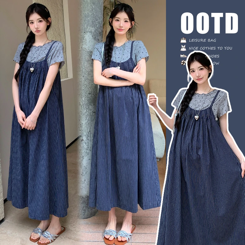 孕妇套装夏装2025新款时尚波点短袖T恤条纹吊带裙显瘦气质两件套
