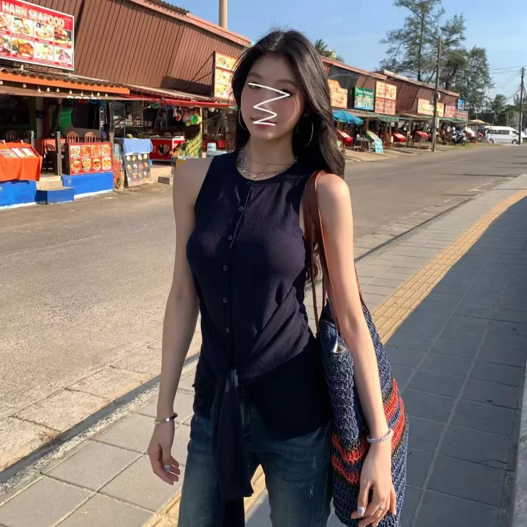 城市出逃 夏美式露肩吊带背心辣妹修身假两件绑带上衣