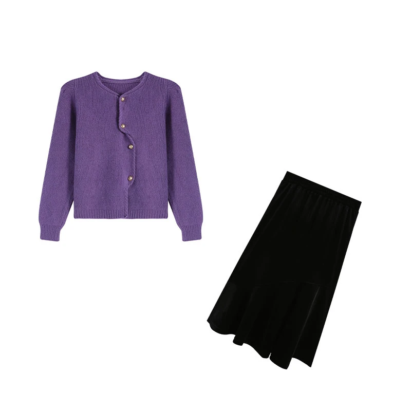 静静-绿色/紫色上衣针织ZL38582+黑色半身裙ZL30504套装秋季秋冬