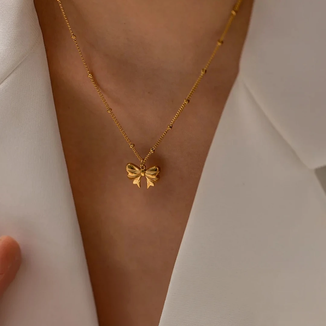 钛钢项链 韩式ins风复古极简蝴蝶结项链女小众时尚间珠锁骨链
