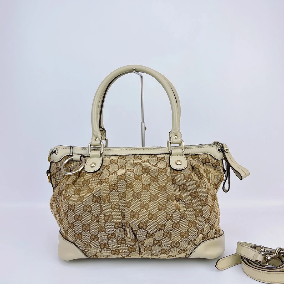 95新 GUCCI/古驰 古驰 棕色老花帆布手提单肩包底长30 C712