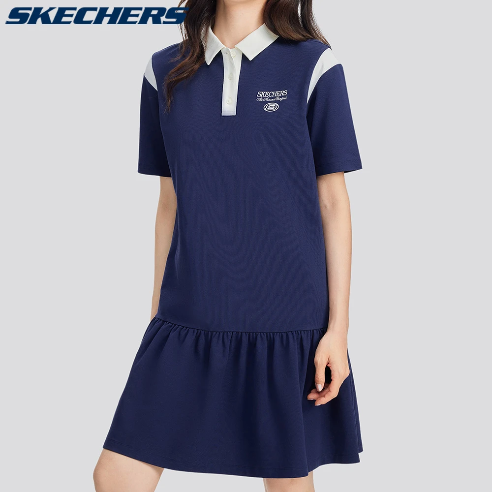 斯凯奇官方女装夏季POLO领拼接透气运动鱼尾裙运动连衣裙L225W120