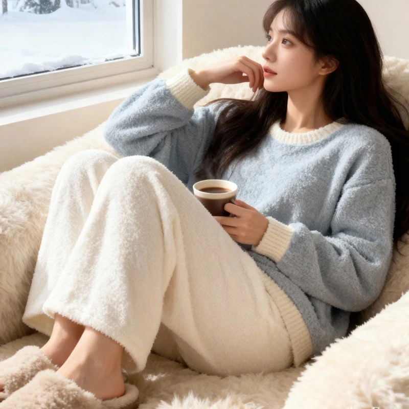 【加厚升级版】睡衣女睡裤秋冬季加绒保暖宽松纯色可外穿家居服套装