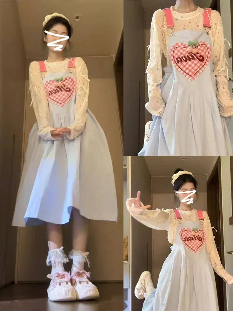 多巴胺少女拼色背带连衣裙女春季2025新款宽松减龄中长款大摆裙子