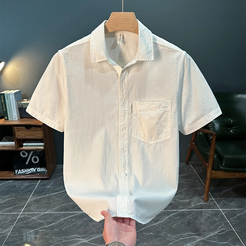 夏季潮牌日系纯色清新短袖衬衫男士时尚百搭文艺休闲宽松衬衣男装