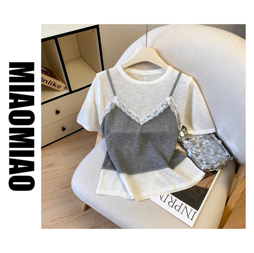 【工厂清仓】872大码圆领正肩针织衫短袖夏季胖mm宽松遮肉显瘦上衣