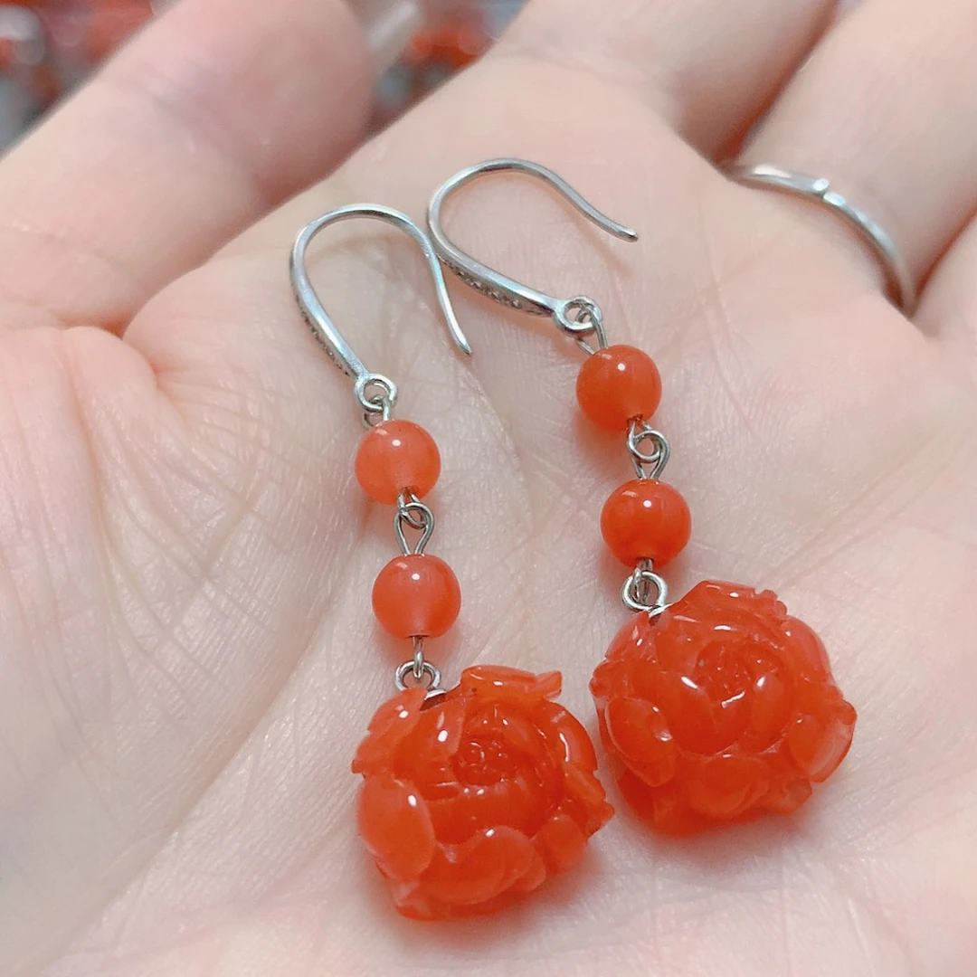 南红玛瑙耳坠银S925镶嵌