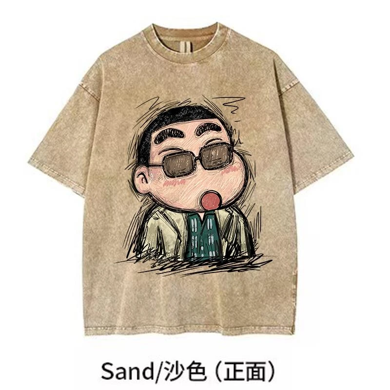 【眼镜蜡笔小新】}KiKiTee oversize洗水做旧风宽松纯棉手绘T恤