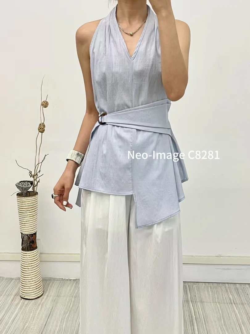 时尚气质V领收腰无袖上衣搭配高腰阔腿裤套装