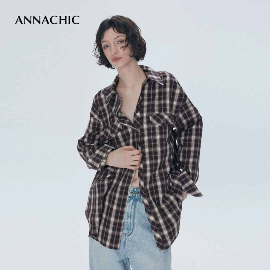 ANNACHIC复古时髦_双口袋格纹长袖衬衫女_宽松休闲格子衬衣/上衣