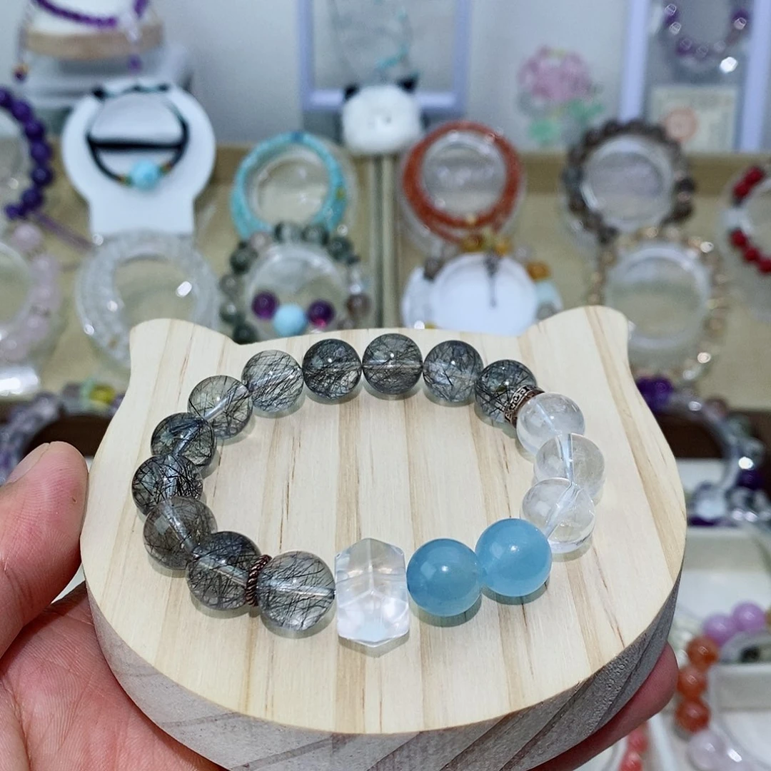 水晶银S925镶嵌手链黑发晶手串+蓝针