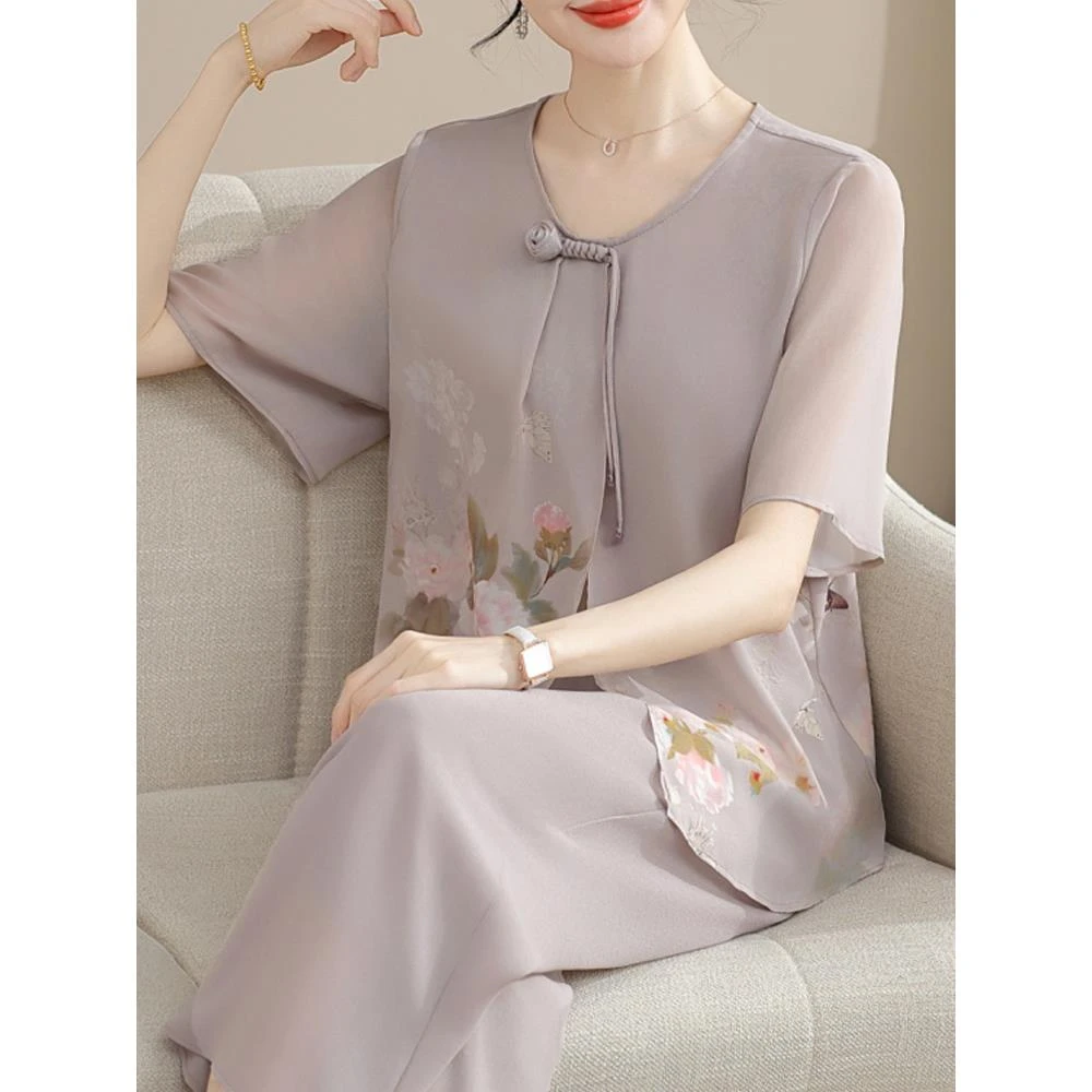 新中式妈妈夏季雪纺套装中老年妇女洋气上衣服中年人夏季短袖T恤