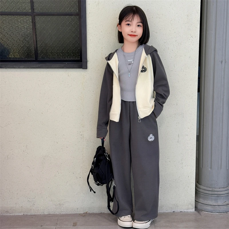 女童春款2025新款中大童春秋韩版时髦拼色连帽外套阔腿裤休闲套装