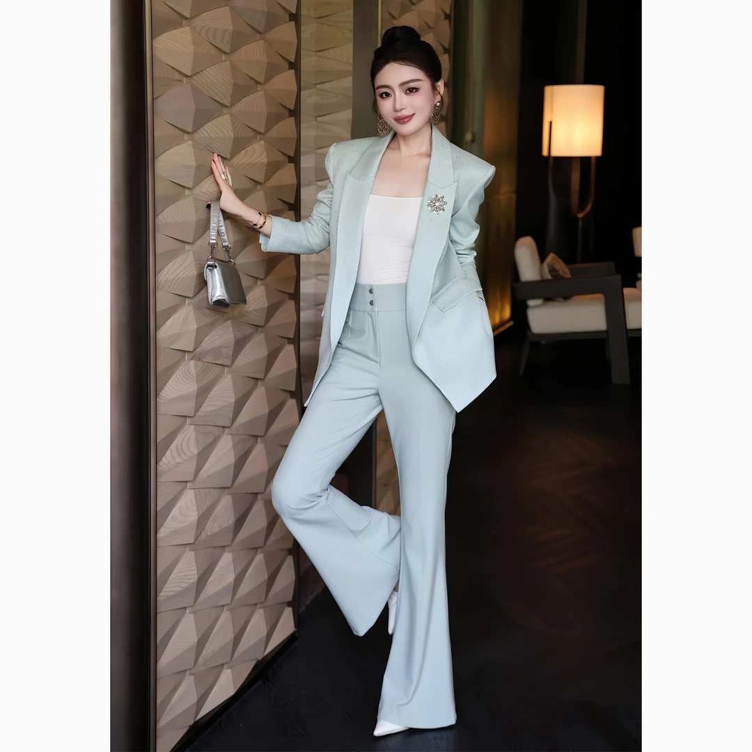 ZEROYK天蓝色高级感职业套装女秋季御姐气质宽松西服微喇裤两件套