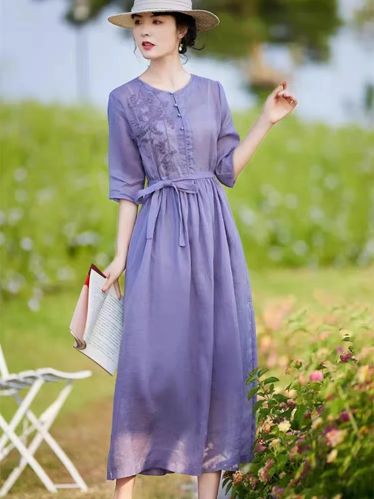 1005圆领系带重工绣花棉麻大摆a字连衣裙轻薄显白C215