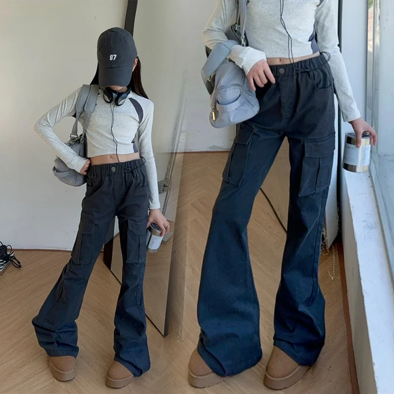 女童工装裤春秋新款洋气儿童裤子高腰显瘦喇叭裤中大童修身微喇裤