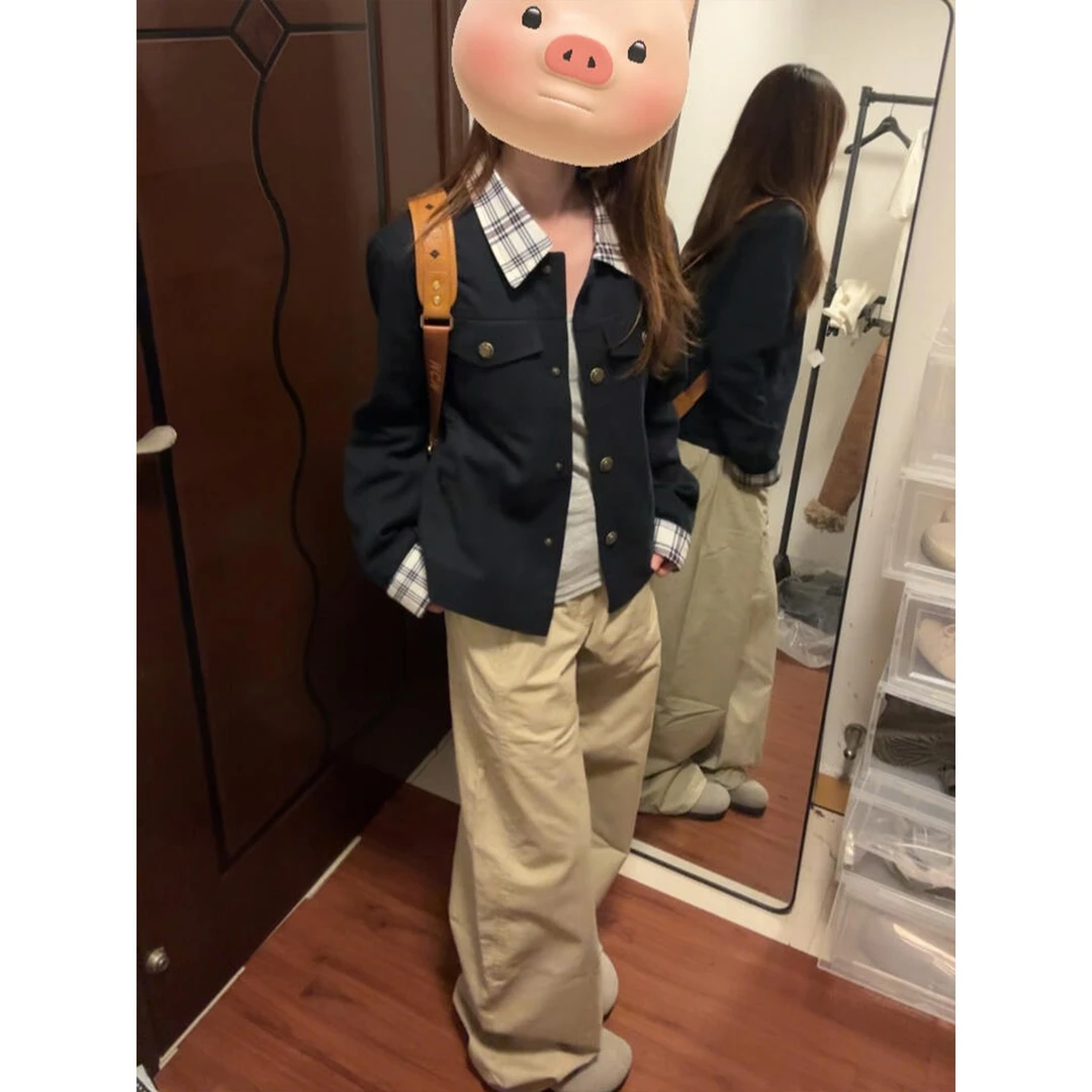 复古文艺藏青色格纹拼接修身休闲修身短外套女秋季百搭显瘦上衣